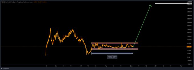 A TradingView chart of TURKTOKEN/USDT on Paribu exchange showing a long-term price pattern with an orange and blue consolidation range, and a green arrow projecting a significant upward breakout toward 24.00M.
