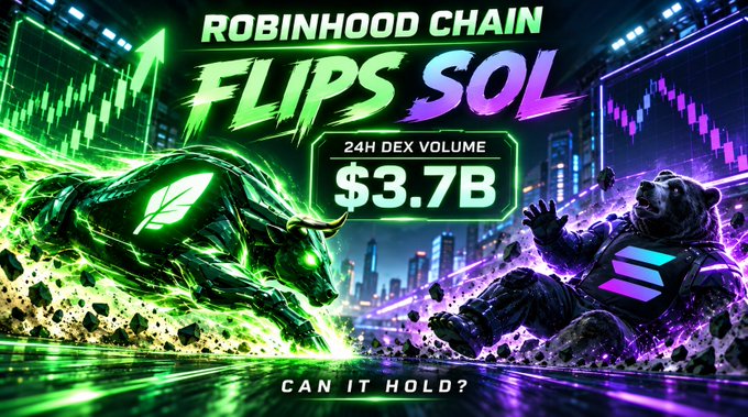 A vibrant graphic declaring 'ROBINHOOD CHAIN FLIPS SOL' with '24H DEX VOLUME $3.7B' and 'CAN IT HOLD?', showing a green bull charging against a purple bear in a futuristic cityscape.