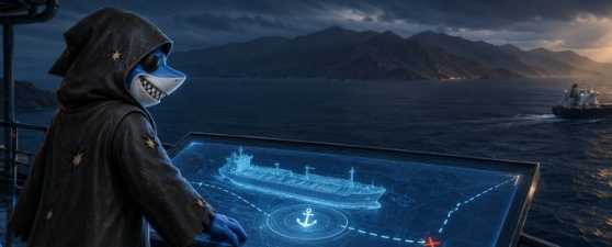 A cinematic digital artwork of a hooded figure wearing a sinister grinning mask, looking at a glowing blue holographic map of a ship on a screen with a real cargo ship visible in the background ocean.