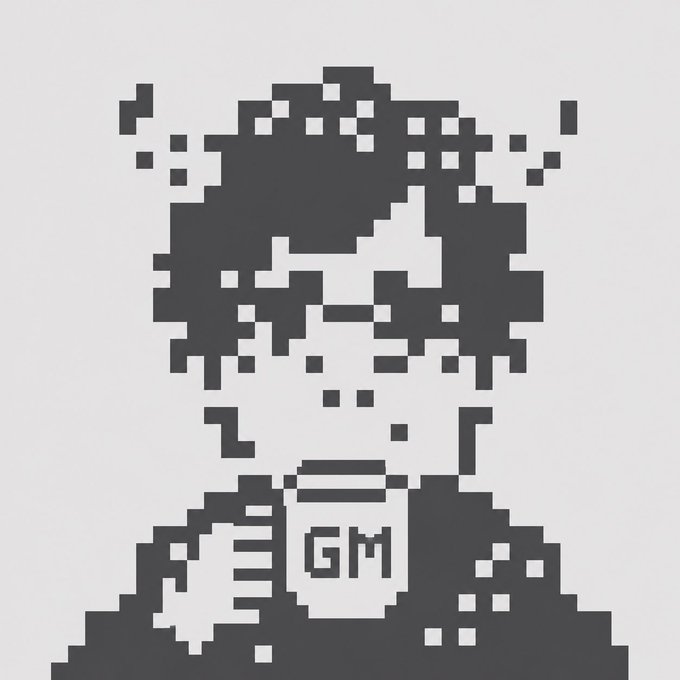 A pixelated 8-bit style black and white illustration of a person holding a container labeled 'GM' (crypto slang for 'good morning').
