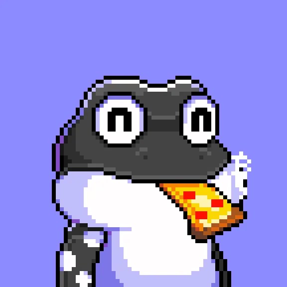 A pixel art illustration of a gray and white frog wearing a purple backpack, holding a slice of pizza on a purple background.