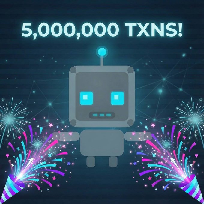 A celebratory graphic features a gray robot with glowing cyan eyes and antenna surrounded by colorful fireworks, with the text "5,000,000 TXNS!" displayed prominently, marking TEL Pets reaching 5 million transactions on the Adiri testnet as a milestone toward mainnet launch.