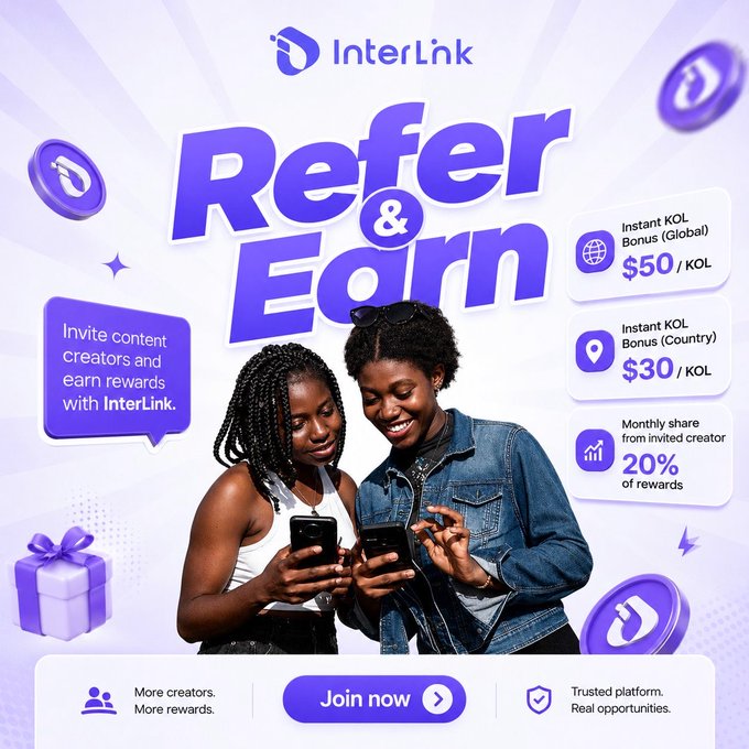 A promotional graphic for 'InterLink' advertising a 'Refer & Earn' program offering $50 instant KOL bonus globally and $30 per country, with a 20% monthly share from invited creators, featuring two women looking at phones.