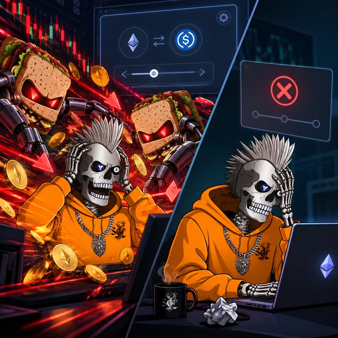 A split-panel digital illustration showing a skeleton character in an orange hoodie dealing with crypto trading; the left side shows panic with falling coins and a sandwich monster, while the right side shows the same skeleton looking defeated at an error screen on a laptop.