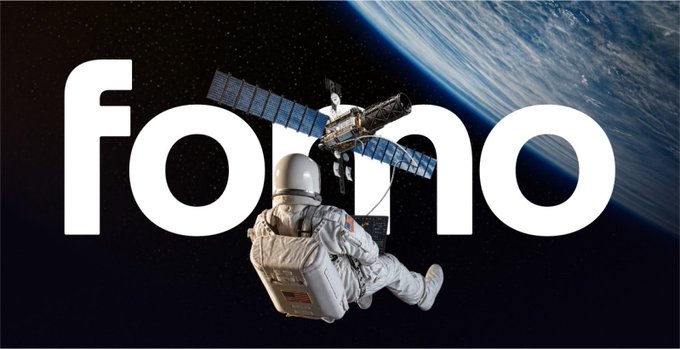 The image features an astronaut floating in space with Earth in the background, overlaid with the bold white text "FOMO" and a satellite nearby. This space-themed visual ties into the post's message about joining the FOMO platform, using the concept of "FOMO" (fear of missing out) to encourage viewers not to miss out on signing up via the provided links.