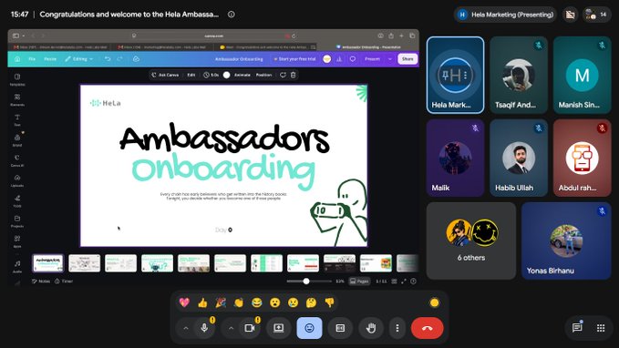 A screenshot of a virtual meeting interface showing a presentation slide titled 'Helo Ambassadors onboarding' with various attendee video tiles on the right side.