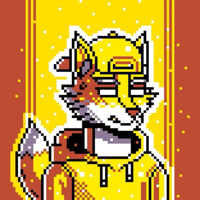 Pixel art portrait of an anime-style cat-eared character in yellow and orange attire against a yellow background with red vertical stripes and yellow dots.