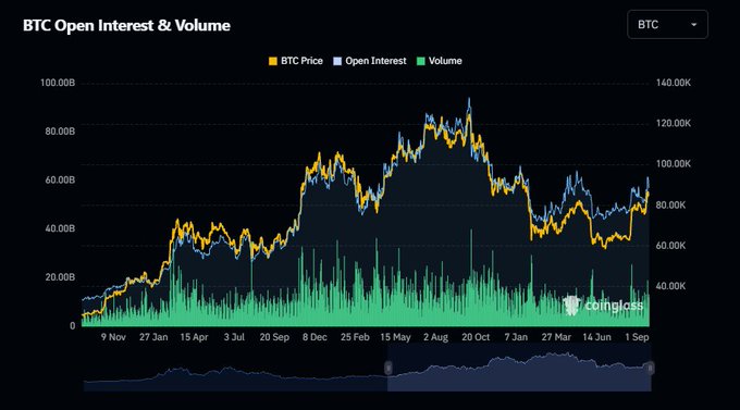 A financial chart titled 'BTC Open Interest & Volume' from Coinglass, displaying Bitcoin price, open interest, and trading volume from November to September, with BTC currently around $80,000-$100,000.