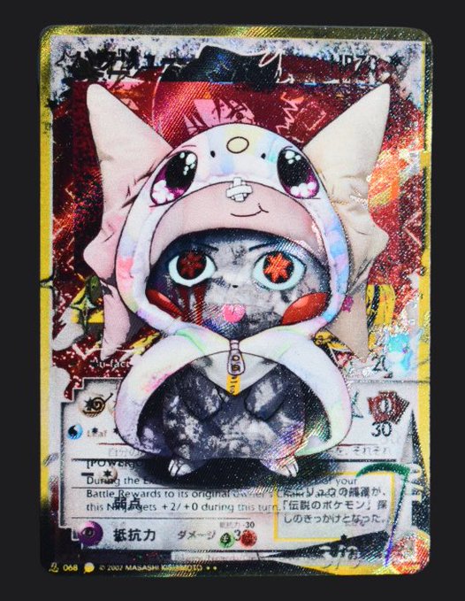 A holographic Japanese Pokémon trading card featuring #068 Machop wearing a Jigglypuff costume, showing 30 HP and various attack stats.