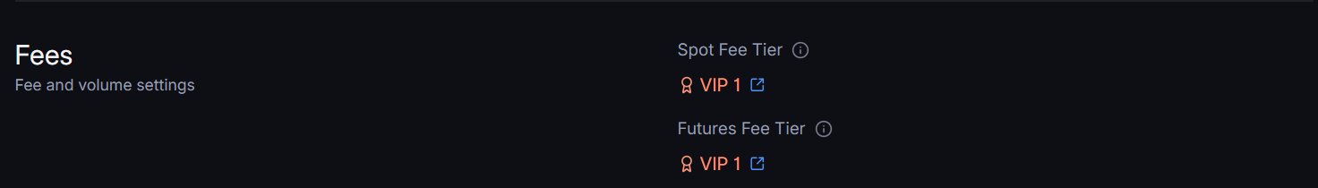 A dark-themed settings screen showing "Fees" with "Fee and volume settings," listing "Spot Fee Tier" and "Futures Fee Tier" both set to "VIP 1" with medal icons.