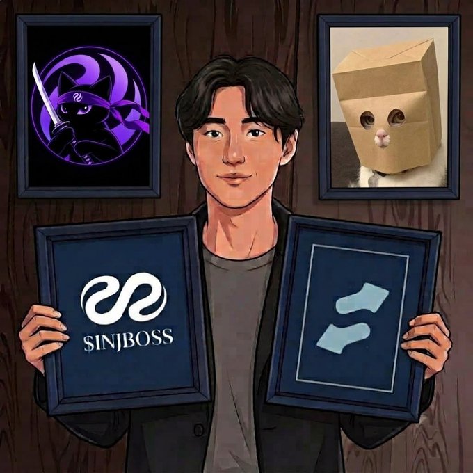 An illustration shows a young man holding two framed logos - 'SINJBOSS' with an infinity symbol and another with stylized 'X' shapes - against a wooden wall featuring a cat ninja artwork and a cat with a paper bag over its head.