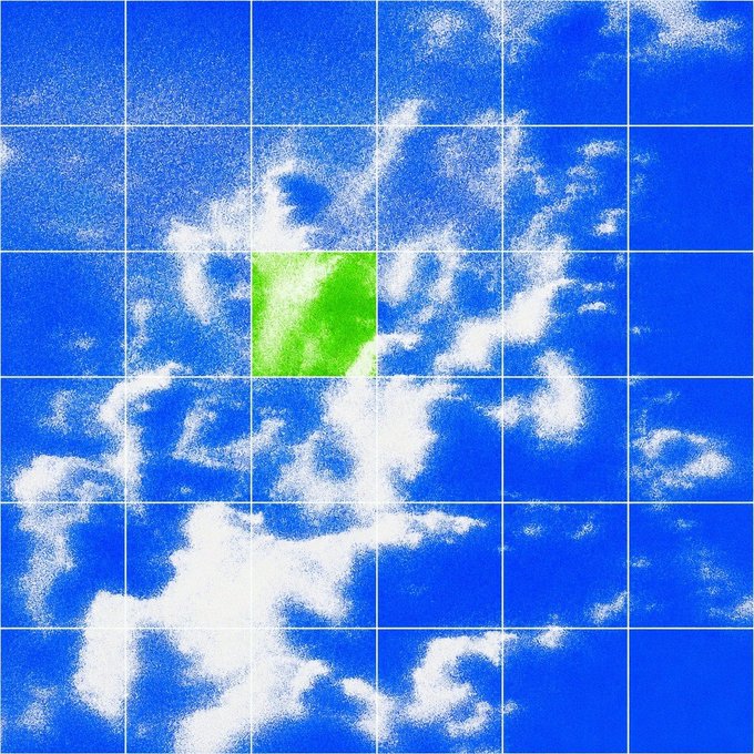 A digital or pixel art image of a blue sky filled with white clouds, overlaid with a grid, featuring one green square tile in the center.