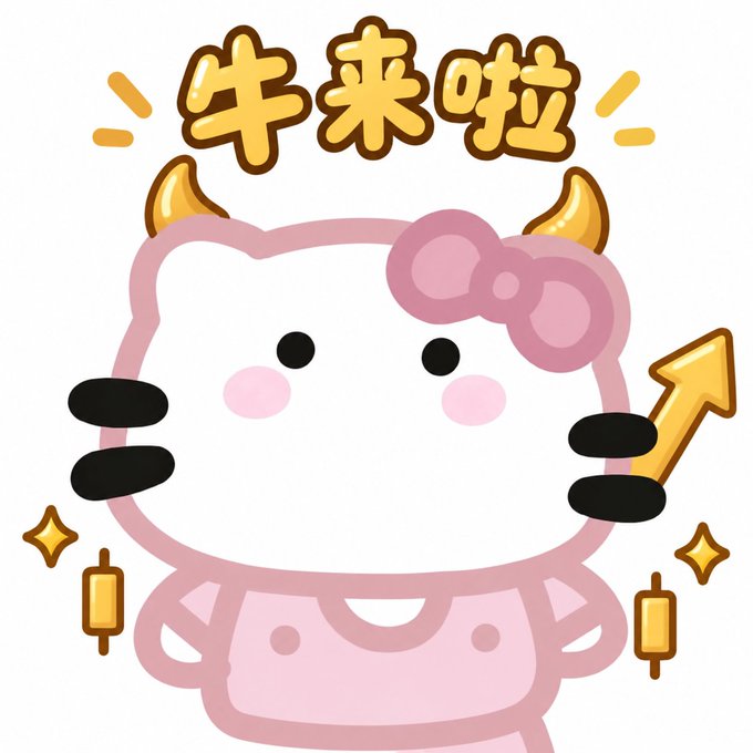 A cute cartoon cow character with a pink bow and an upward-trending arrow graphic, featuring Chinese text '牛来啦' (meaning 'The bull is here' or 'Bull market is coming').