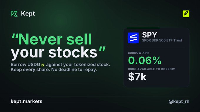 A Kept marketing banner with the slogan 'Never sell your stocks' promotes borrowing USDG against tokenized stock, showing SPY at a 0.06% borrow APR with $7k available.
