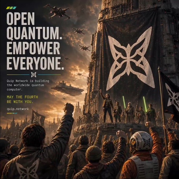 The image features an open-quilium banner with people cheering as characters fly through the air from a castle. The poster is promoting a new NFT project that seems to be exploring digital ownership issues, particularly related to Quantum technology. Several people are shown in the background and some of them appear to have their arms raised. The overall atmosphere appears to be enthusiastic about this innovative project, which may represent a fusion of art, science, and technology.