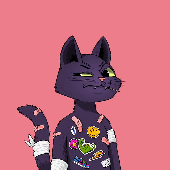 An illustration of a purple cat-like character with fangs, covered in band-aids and wearing a shirt adorned with various patches like a smiley face and dinosaur, against a pink background.