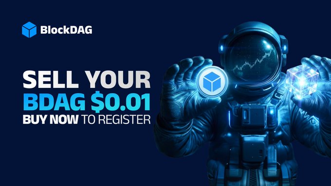 The image features an advertisement for a Bitcoin trading platform, called BlockDAG. The image contains an astronaut holding up a block of bitcoin above his head. There is also text related to the advertisement that appears to be about selling your BDAG for $0.01 and buying now to register.