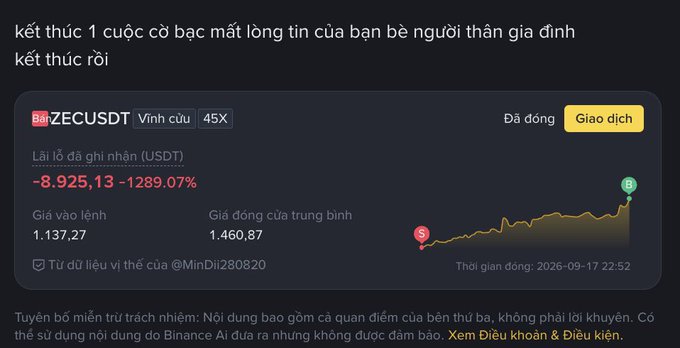 A Binance cryptocurrency screen displaying a ZEC/USDT perpetual contract with a -8,925.13 (-1289.07%) loss, entry price 1,137.27, average close 1,460.87, dated 2026-09-17, with Vietnamese text warning about scam tactics.