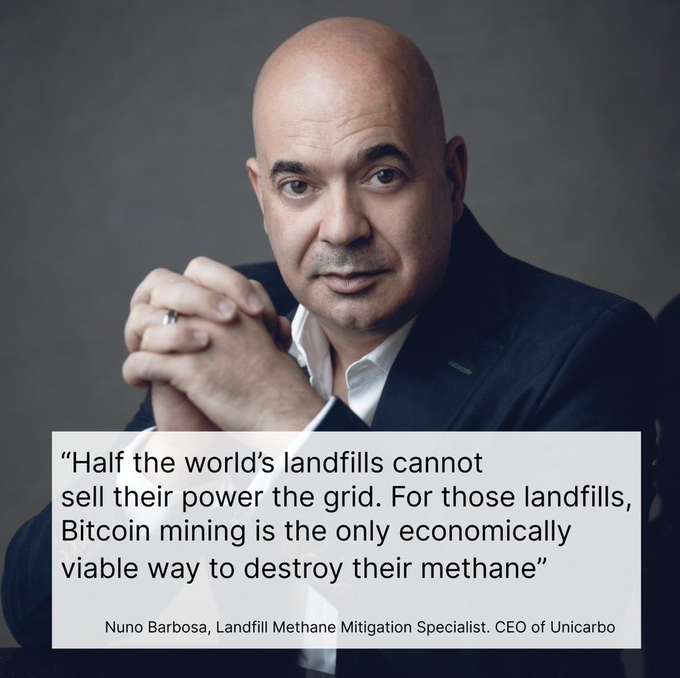 A bald man in a dark suit with clasped hands is shown with a quote attributed to Nuno Barbosa, Landfill Methane Mitigation Specialist and CEO of Unicarbo: 'Half the world's landfills cannot sell their power the grid. For those landfills, Bitcoin mining is the only economically viable way to destroy their methane.'