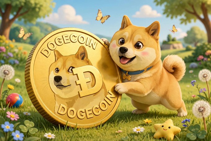 A cartoon-style illustration of a smiling Shiba Inu dog hugging a large gold Dogecoin coin in a sunny meadow with flowers, butterflies, and a small star character.