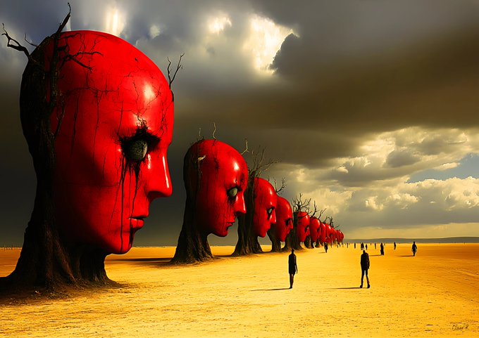 A surreal desert landscape featuring a row of giant red heads with trees growing from their bases, under a dramatic cloudy sky with small human figures in the distance.