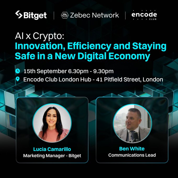 Promotional graphic for an "AI x Crypto" event co-hosted by Bitget, Zebec Network, and Encode Club on 15th September (6:30–9:30pm) at the Encode Club London Hub, featuring speakers Lucia Camarillo (Bitget Marketing Manager) and Ben White (Zebec Communications Lead).