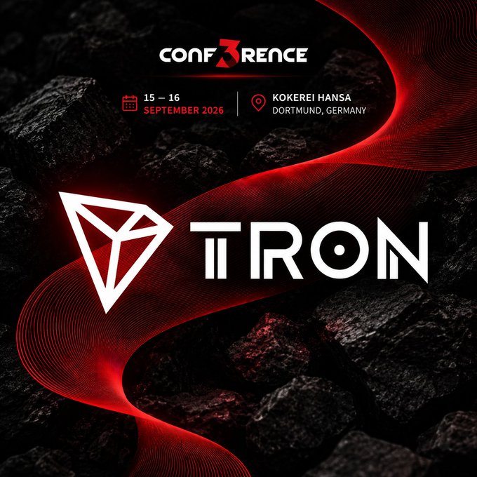Promotional graphic for the TRON Conference 3.0, scheduled for September 15-16, 2026 at Kokerei Hansa in Dortmund, Germany, featuring the TRON logo over dark rocks with red accents.
