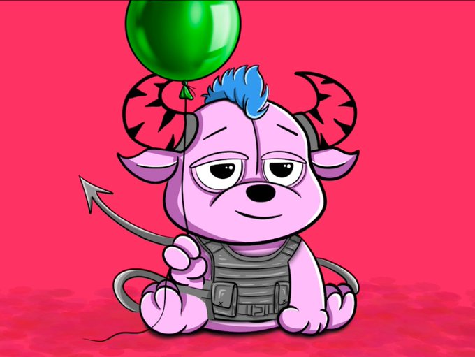 A cartoon illustration of a purple demon-like character with blue hair, horns, and a tail holding a green balloon against a pink background.