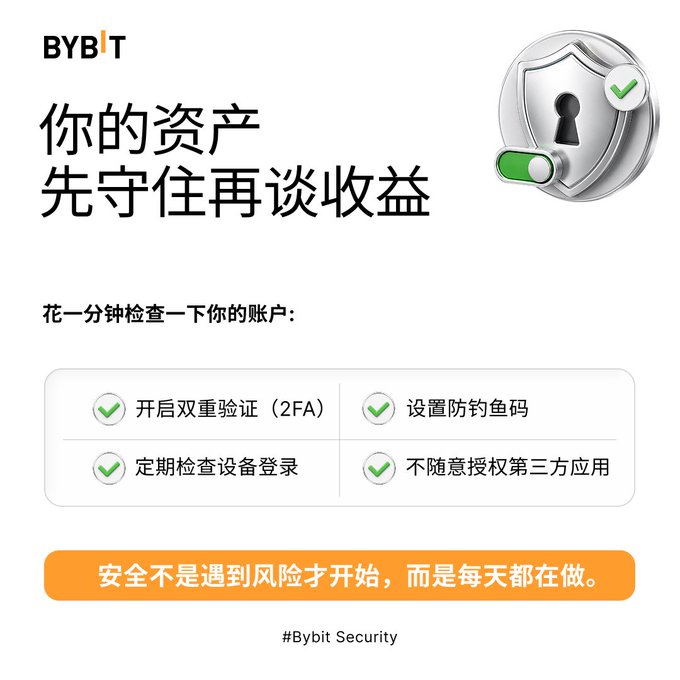 A Bybit cryptocurrency security infographic in Chinese reads '你的资产 先守住再谈收益' (Secure your assets first, then talk about returns), featuring a 3D shield with a padlock and toggle switch, along with a checklist for account security measures like 2FA and anti-phishing codes.