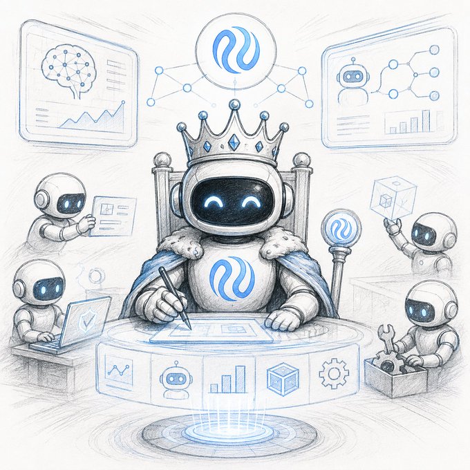 A stylized sketch of a crowned robot sitting on a throne, surrounded by various technical icons and screens, representing the intersection of artificial intelligence and blockchain technology. The image visually connects to the post's theme by depicting a "king" of data and logic, suggesting that AI is the foundational layer driving the complex ecosystem of Injective.