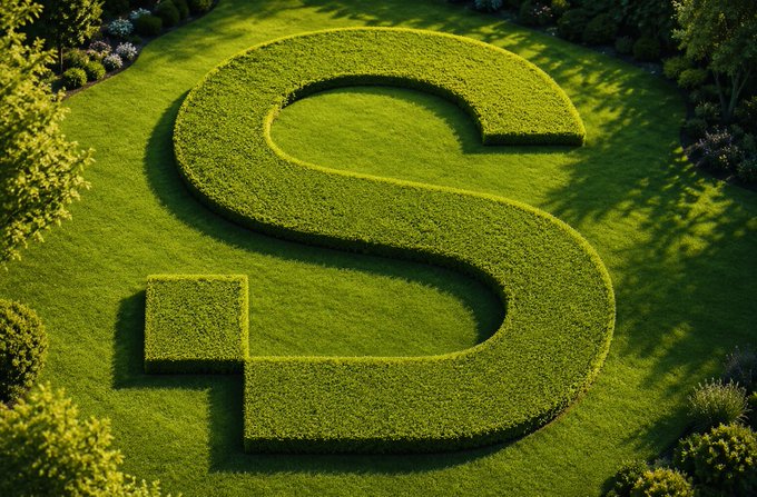 An aerial view of a large hedge shaped like the letter 'S' on a manicured green lawn surrounded by foliage.