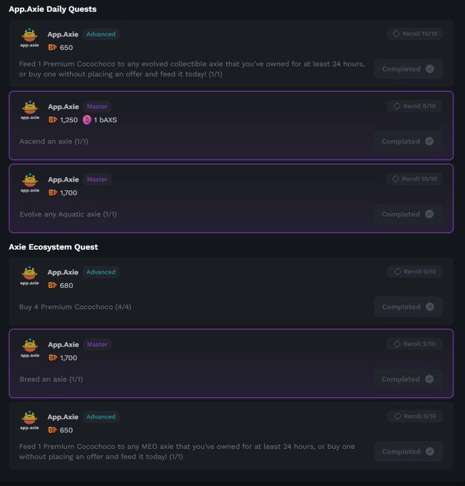 A dark-themed dashboard for 'App.Axie' showing completed daily and ecosystem quests with rewards in tokens like BP and bAXS, including tasks like feeding Cocochoco, ascending axies, and breeding.