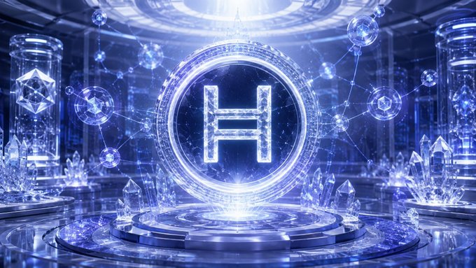A futuristic, glowing blue 3D digital artwork featuring a large stylized letter 'H' at the center of an ornate circular emblem, surrounded by floating crystalline structures, molecular-like connections, and a high-tech aesthetic.