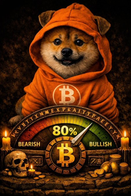 A Shiba Inu dog wearing an orange hoodie with a Bitcoin logo sits above a gauge showing '80%' between 'BEARISH' and 'BULLISH' zones, accompanied by a skull, candles, and gold coins.