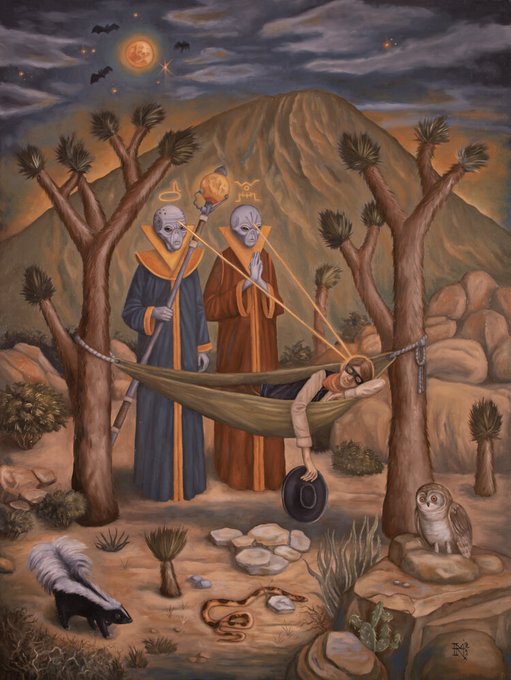 A fantasy painting depicting a woman resting in a hammock strung between Joshua trees while two robed figures use glowing staffs, surrounded by desert wildlife including a skunk, owl, and snake.
