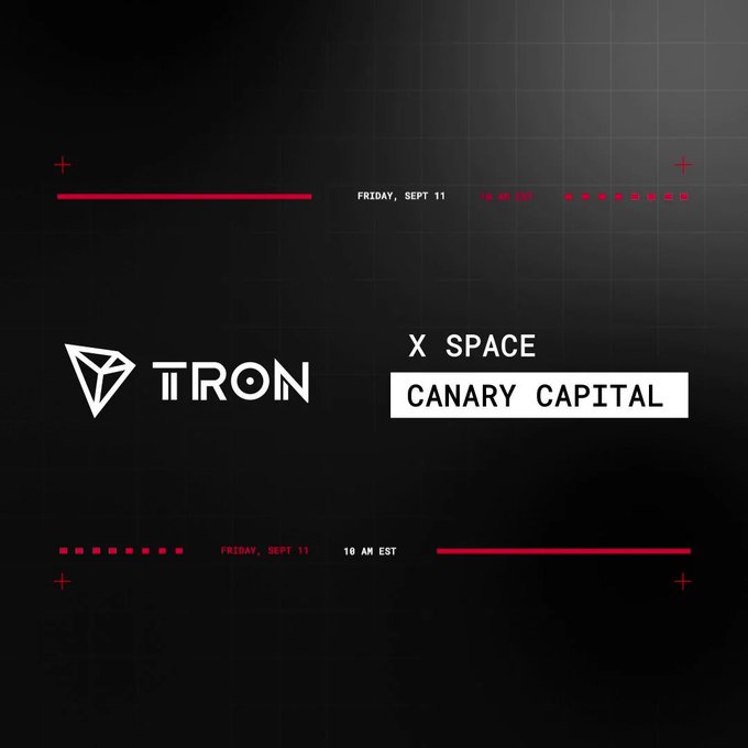 A black promotional graphic announcing a 'TRON X SPACE CANARY CAPITAL' event scheduled for Friday, Sept 11 at 10 AM EST.