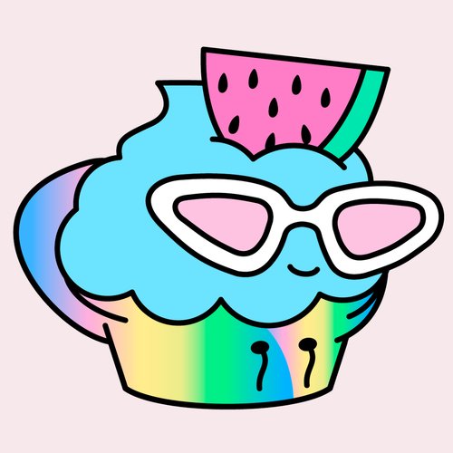 A cute, cartoonish illustration of a rainbow-colored cupcake with blue frosting, pink cat-eye sunglasses, and a slice of watermelon on top, set against a plain beige background.