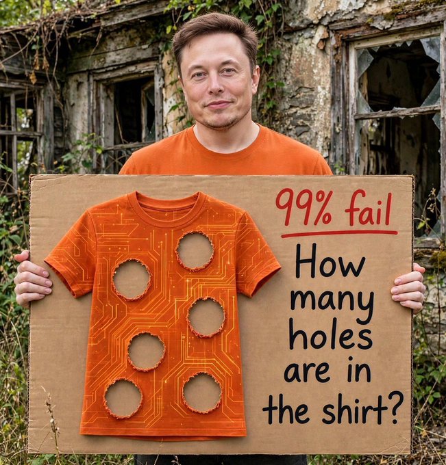 A man stands in front of an abandoned building holding a cardboard sign that reads '99% fail: How many holes are in the shirt?' alongside a picture of an orange t-shirt with 6 holes.