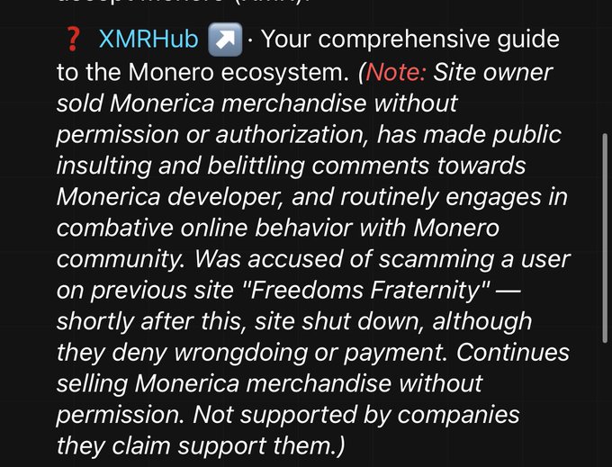 A screenshot showing a community warning about XMRHub described as 'Your comprehensive guide to the Monero ecosystem,' detailing accusations of selling merchandise without permission, scamming, and combative behavior toward the Monero community.
