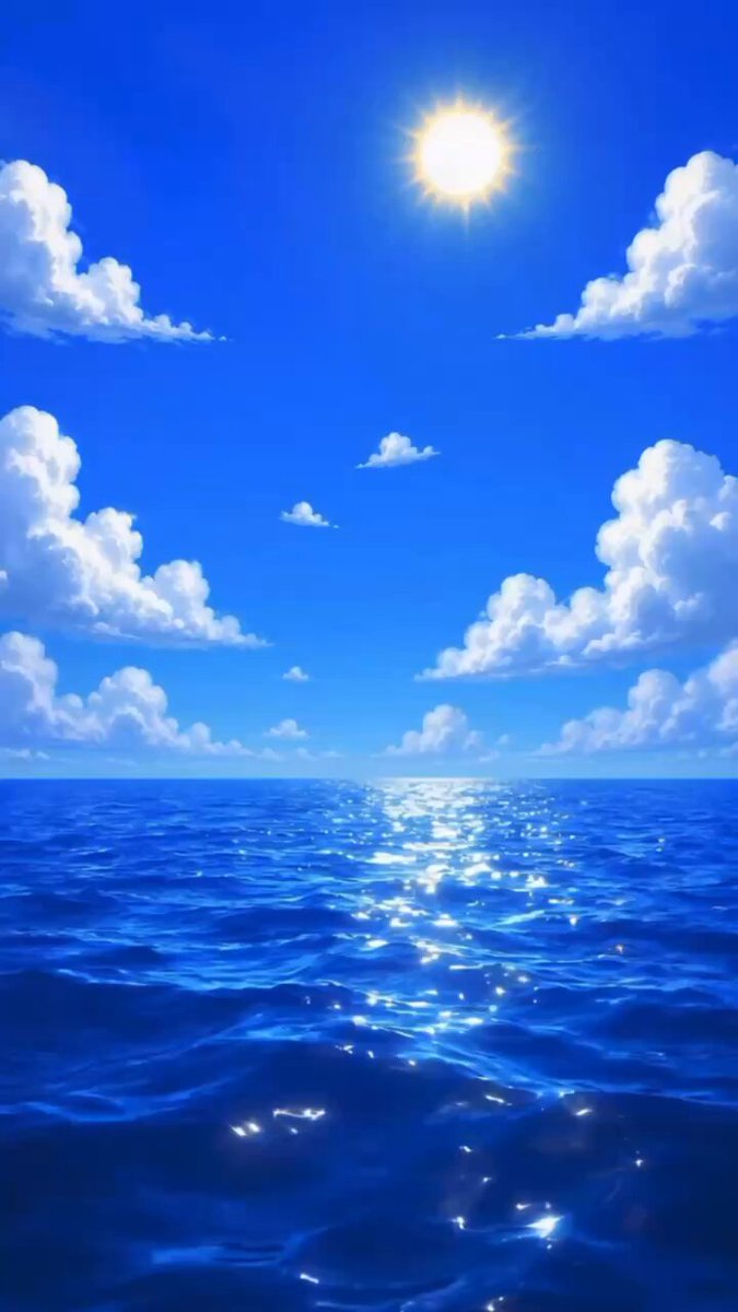 The image features a beautiful ocean scene with a bright sun shining down from the top left corner, casting light onto the water below. The sky above is filled with clouds, creating a sense of depth and perspective. In the foreground, there are two small white clouds floating near the horizon line. The overall composition of the image suggests that it was taken during the day under clear skies, capturing the essence of a sunny beach or ocean setting.