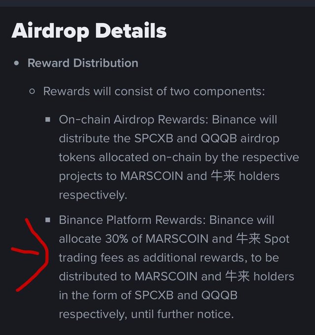 Text document titled 'Airdrop Details' outlining reward distribution, with a red arrow highlighting the 'Binance Platform Rewards' section that mentions allocating 30% of MARSCOIN and 牛来 Spot trading fees as SPCXB and QQQB rewards.