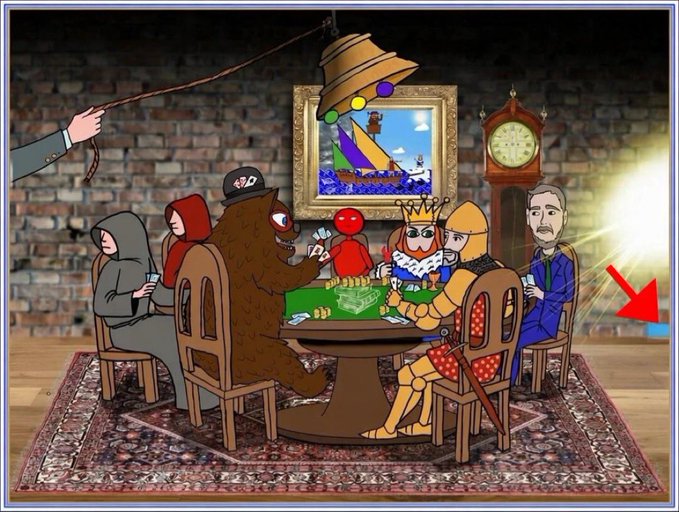 The image features a cartoon scene of people sitting around a table playing cards, with one person holding a deck of cards while others watch. A clock can be seen hanging above them, and there are chairs placed around the table for seating. The caption reads "$shx just went full riddler", which is likely a reference to the popular video game series "Riddler" by Arthur Conan Doyle.