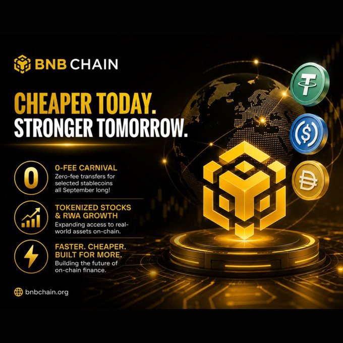 BNB Chain promotional graphic with the text 'CHEAPER TODAY. STRONGER TOMORROW.', highlighting '0-FEE CARNIVAL', 'TOKENIZED STOCKS & RWA GROWTH', and 'FASTER. CHEAPER. BUILT FOR MORE.'