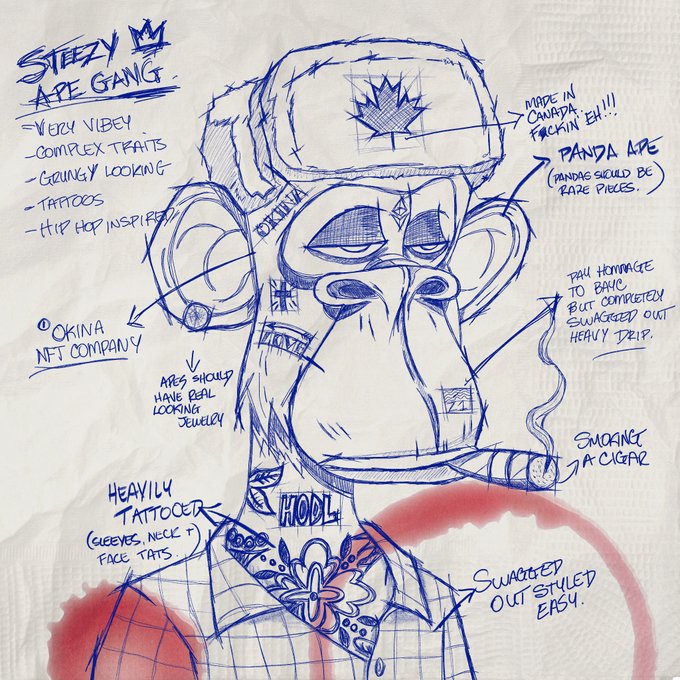 A hand-drawn blue ink concept sketch of a Bored Ape-style NFT character labeled 'STEEZY APE GANG' with various annotations describing traits like 'Panda Ape', 'Okina NFT Company', 'tattoos', and 'sagging style easy'.