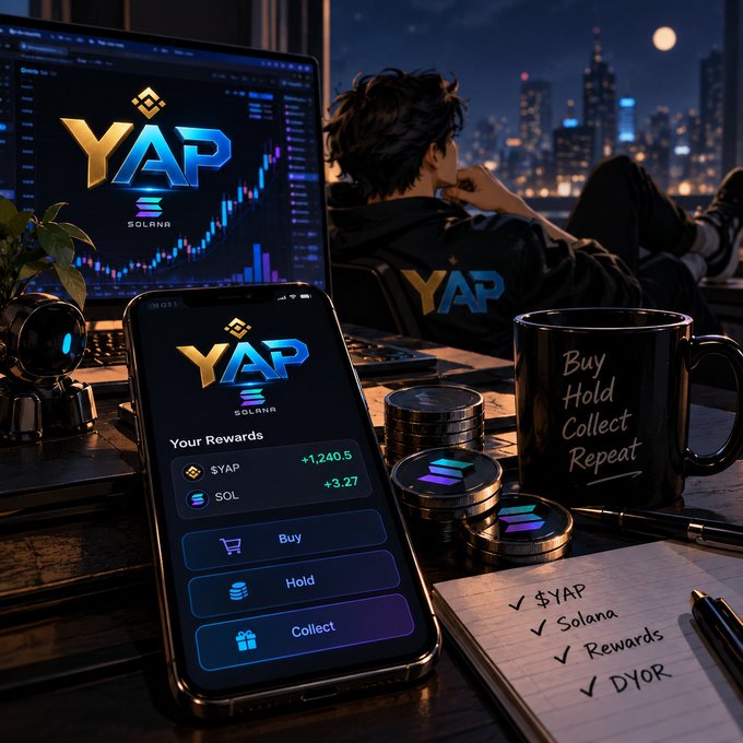 A nighttime scene shows a person wearing a YAP hoodie looking at a city skyline, with a laptop displaying the YAP Solana chart and a phone showing YAP rewards (+$YAP +1,240.5, $SOL +3.27) with Buy/Hold/Collect buttons; a 'Buy Hold Collect Repeat' mug and a checklist ($YAP, Solana, Rewards, DYOR) sit nearby.