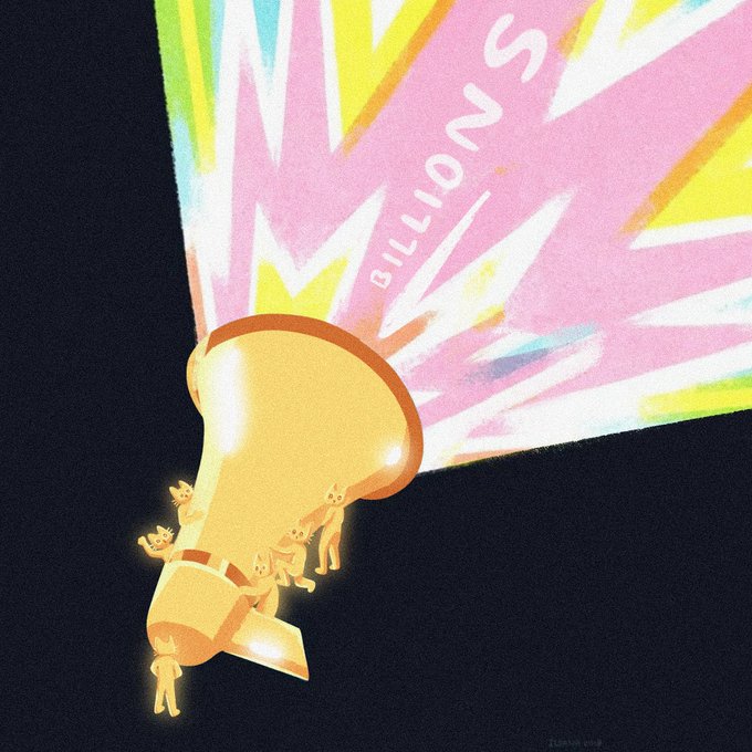 An artistic illustration featuring the word 'MILLIONS' in white text against a colorful pink and yellow burst background, with small glowing cat-like figures at the base.