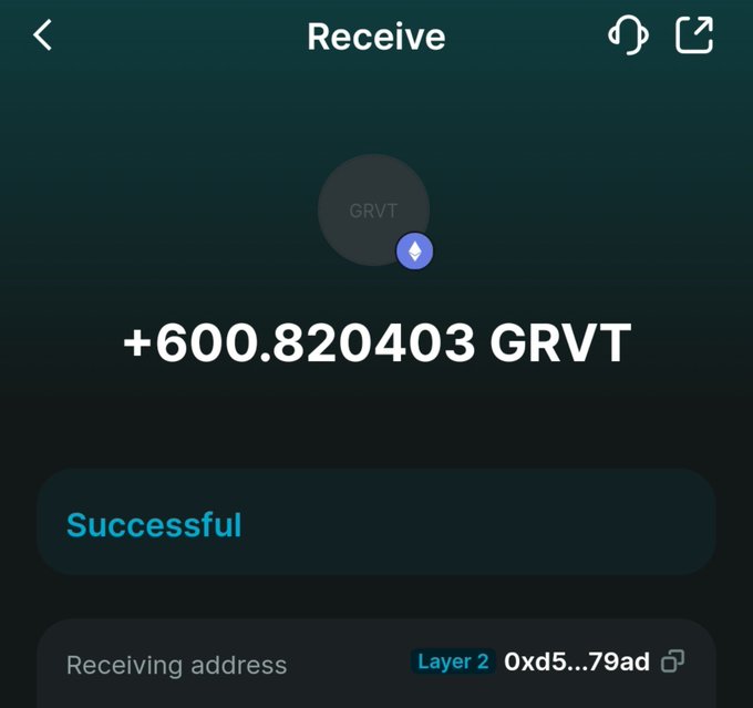 A cryptocurrency wallet app screen displaying a successful receive transaction for '+600.820403 GRVT' to a 'Layer 2' receiving address.