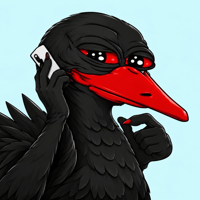A cartoon-style illustration of a black bird with a red beak and red eyes, holding a white smartphone to its ear with a thoughtful expression against a light blue background.