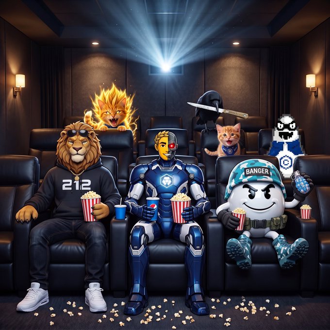 An illustrated movie theater scene featuring a lion in a '212' hoodie, a yellow-haired warrior character, and a 'BANGER' cap-wearing mascot enjoying popcorn, with cats and other figures in the background.