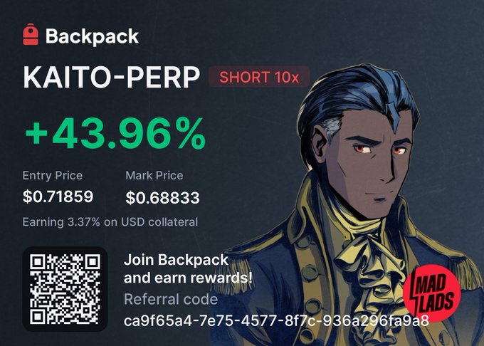 A promotional graphic for Backpack exchange showing a short 10x position on KAITO-PERP with a +43.96% gain, entry price of $0.71859 and mark price of $0.68833, featuring a QR code and referral link.
